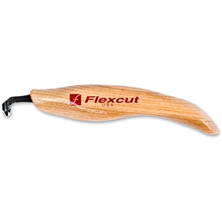 The Right Scorp 3/16-in by FLE is designed for knife carvers with a curved blade and a wooden handle marked "Flexcut USA," ideal for hollowing cavities and delicate detailing.