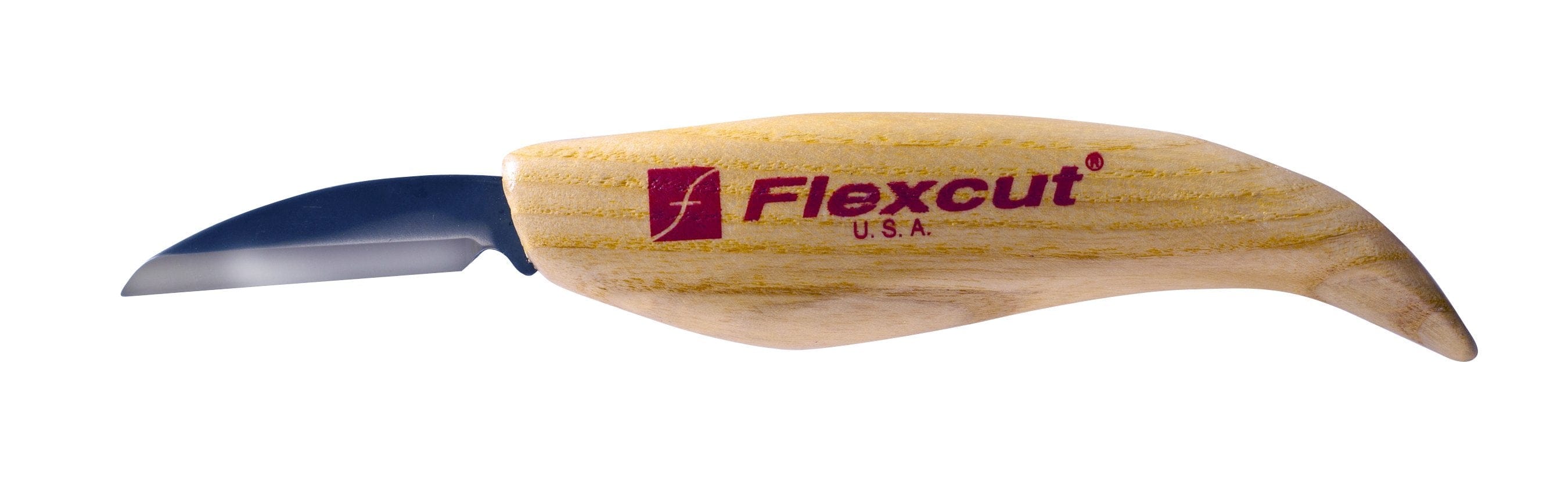 Introducing the Roughing Knife by FLE, designed with an ergonomic American Ash handle that ensures superior comfort and control. This wood carving tool features a short, curved blade expertly crafted for precision. Proudly marked with "Flexcut U.S.A," it exemplifies quality craftsmanship.