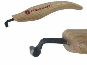 The FLE Scorp Handed 1/8-in wood carving tools feature wooden handles and metal blades, perfect for knife carvers. Their design excels at hollowing cavities or precision work with right-angled gouges.