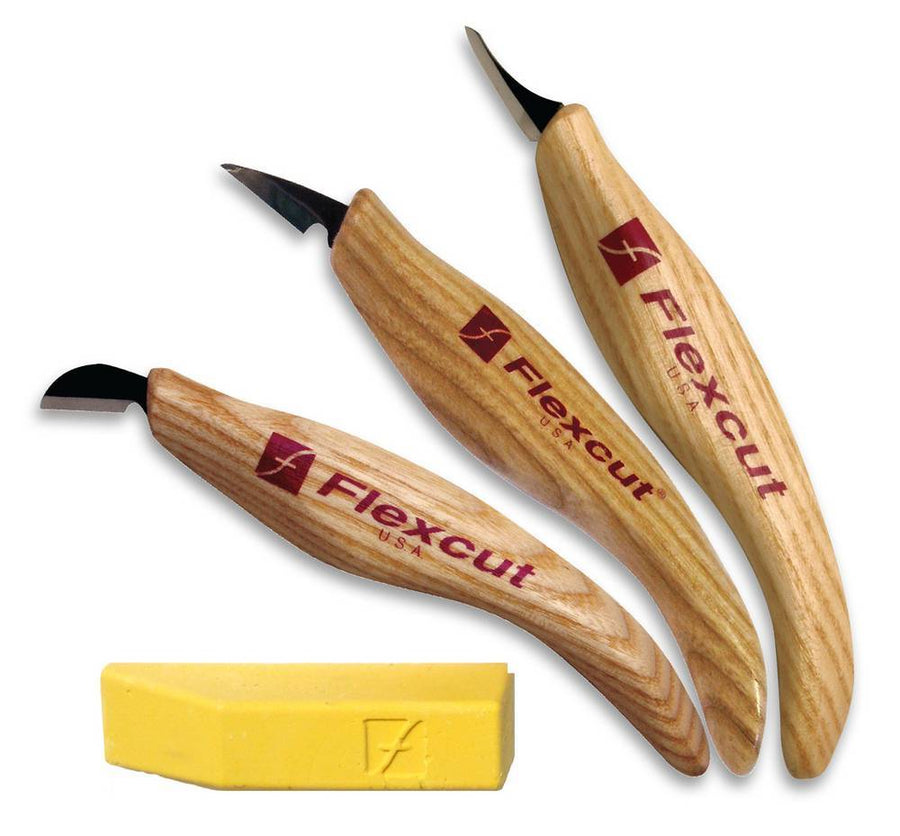 The FLE Slim Handle Detail Knife Set, featuring three Flexcut knives with curved wooden handles, is displayed on a white background with a yellow sharpening strop and Polishing Compound.