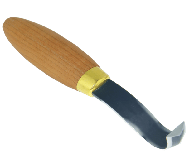 The Sloyd Hook Knife by FLE features a cherry hardwood handle and a curved high-carbon steel blade, ideal for carving or woodworking.