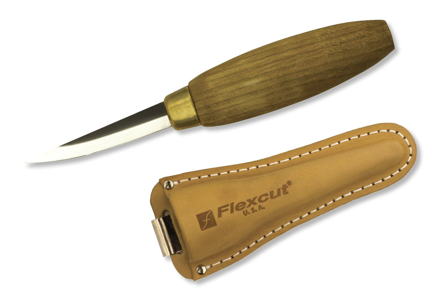 A FLE Sloyd Knife, featuring a high-carbon steel blade and a wooden handle, comes with a brown leather sheath marked "Flexcut USA.