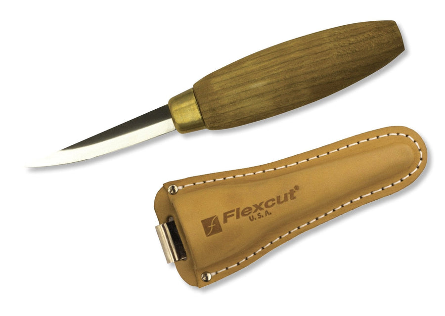 A FLE Sloyd Knife, featuring a high-carbon steel blade and a wooden handle, comes with a brown leather sheath marked "Flexcut USA.