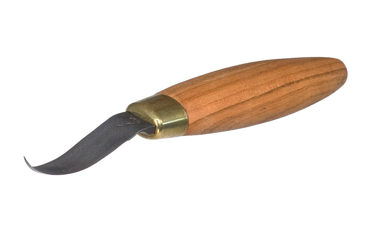 The FLE Sloyd Hook Knife boasts a cherry hardwood handle and a high-carbon steel blade.