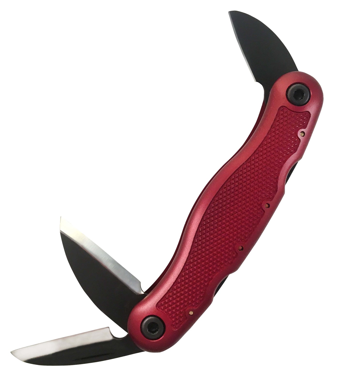 The Spoon Carvin' Jack by FLE is a red multi-blade pocket knife with an ergonomic design, featuring one larger straight blade, a hook knife, and one smaller straight blade, all extended.