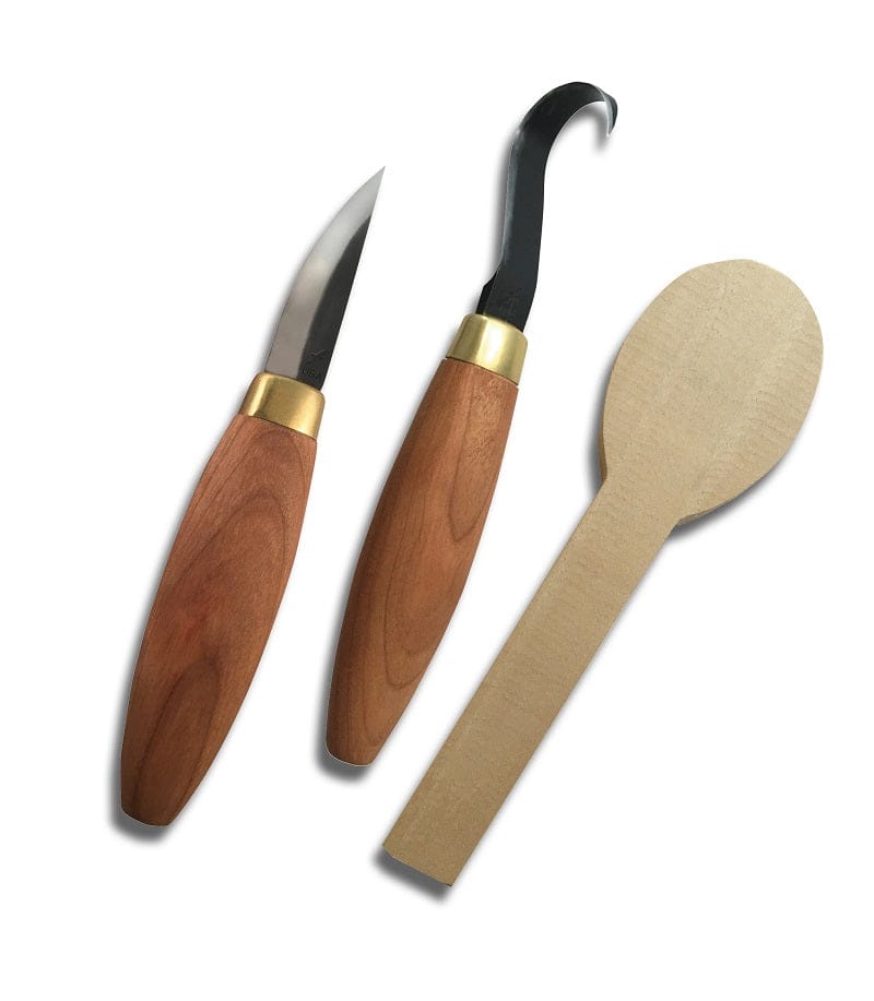 The FLE Spoon Carving Kit, featuring wooden-handled tools and a basswood spoon blank, is ready for your crafting needs on a white background.