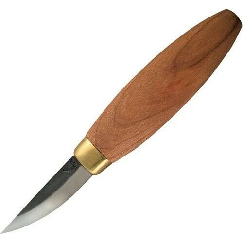 The FLE Stub Sloyd Knife, with a wooden handle and sharp high-carbon steel blade, is ideal for precision work.