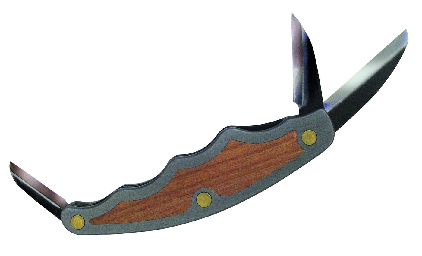 The FLE Tri-Jack Pro folding pocket knife features a wooden handle and three partially open stainless steel blades, enhanced with aerospace-grade aluminum for durability and elegance.