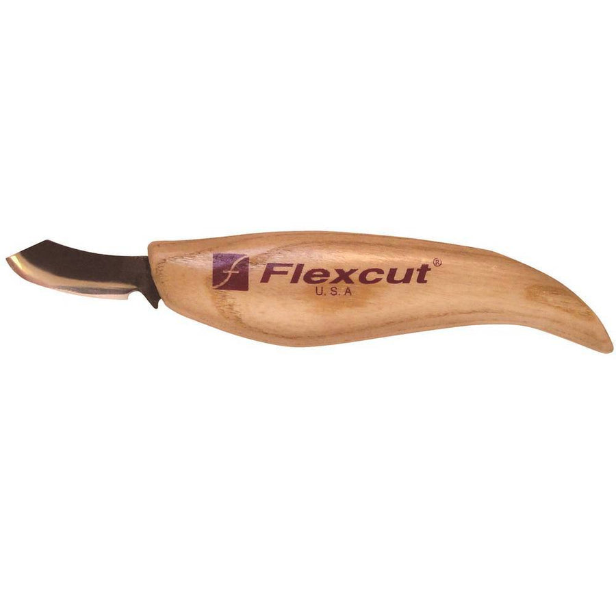 The "FLE" branded Upsweep Knife features a short, straight blade and a curved wooden handle, ideal for intricate carving designs.