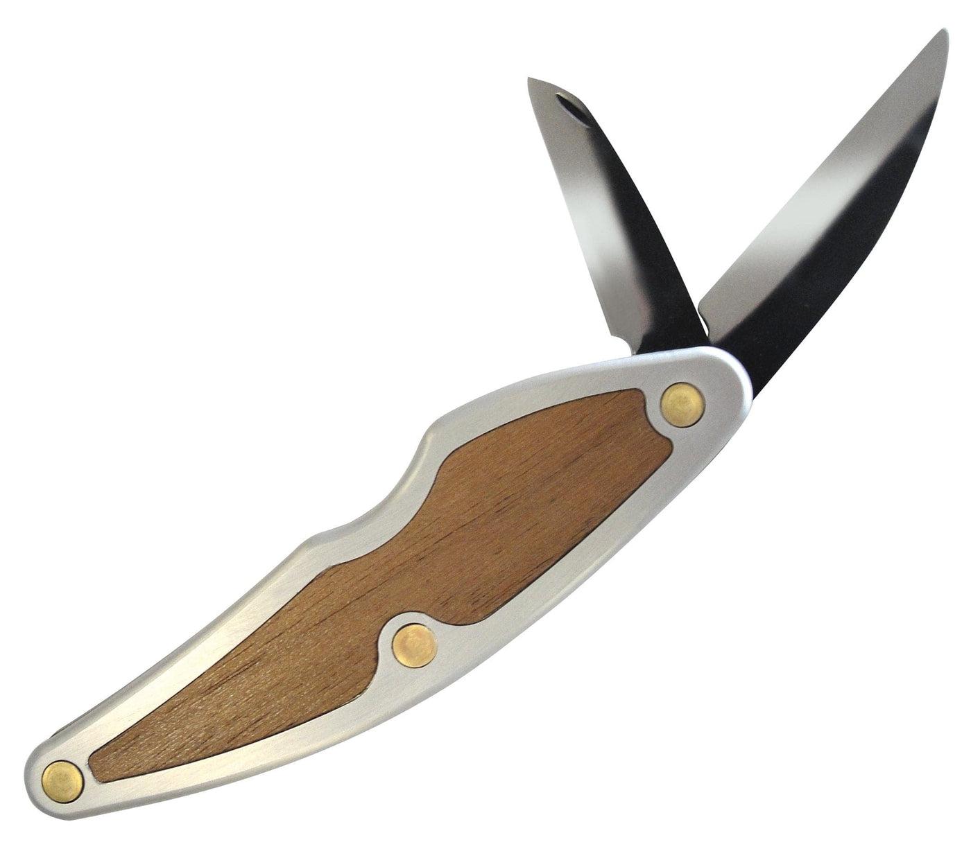 Introducing the Whittlin' Jack by FLE, a versatile outdoorsmen knife equipped with dual blades. This portable whittling tool features a silver and wood handle highlighted with gold rivets, combining functionality and style for any adventure.