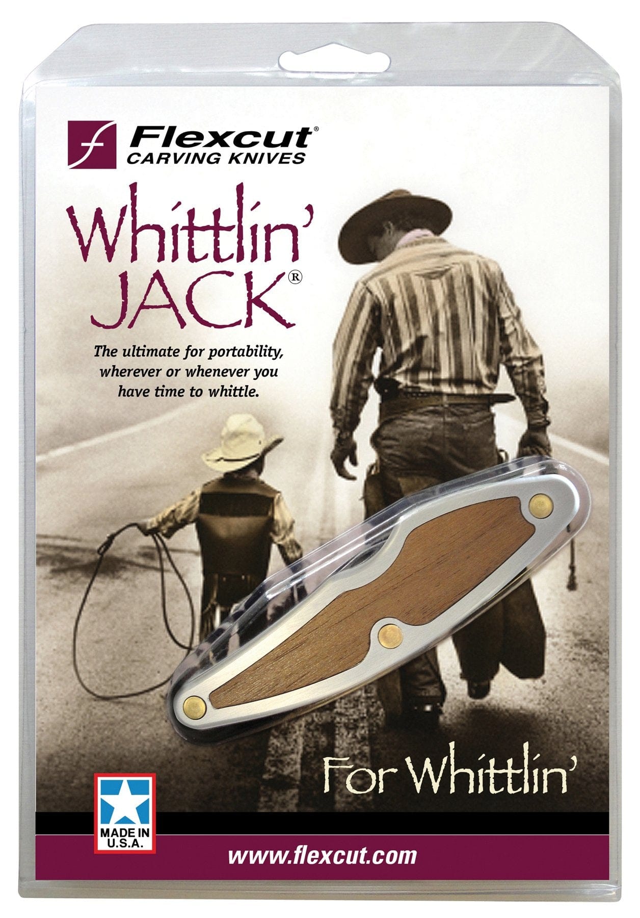 The packaging of the FLE Whittlin' Jack knife showcases an image of a man walking with a young boy. The accompanying text emphasizes its portability and suitability as an outdoorsmen's tool for whittling, and it proudly displays the "Made in the USA" logo.