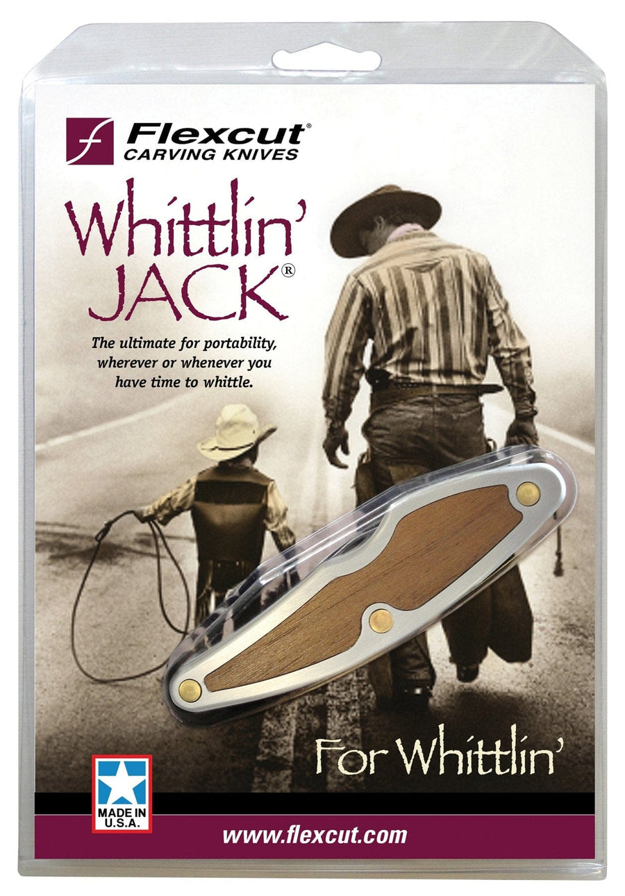 The packaging of the FLE Whittlin' Jack knife showcases an image of a man walking with a young boy. The accompanying text emphasizes its portability and suitability as an outdoorsmen's tool for whittling, and it proudly displays the "Made in the USA" logo.