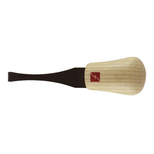 The Flexcut #8 Palm Gouges by FLE features a short, curved black blade and a wide, rounded wooden handle with a red logo.