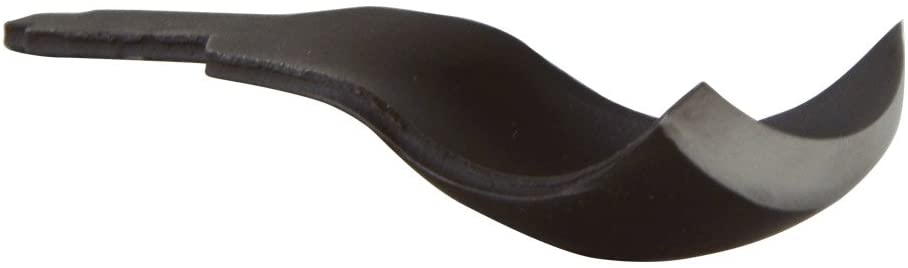 A close-up of the FLE Gouge Power Sweep, a black, curved metal tool with a sharp, scoop-like end crafted from high carbon steel blades for precision and durability, shown against a white background.