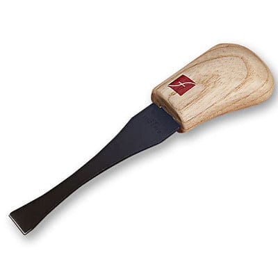 The Flexcut #1 Single Bevel Chisel by FLE features a wide, flat metal blade, a curved wooden handle, and a red and white logo near the top.