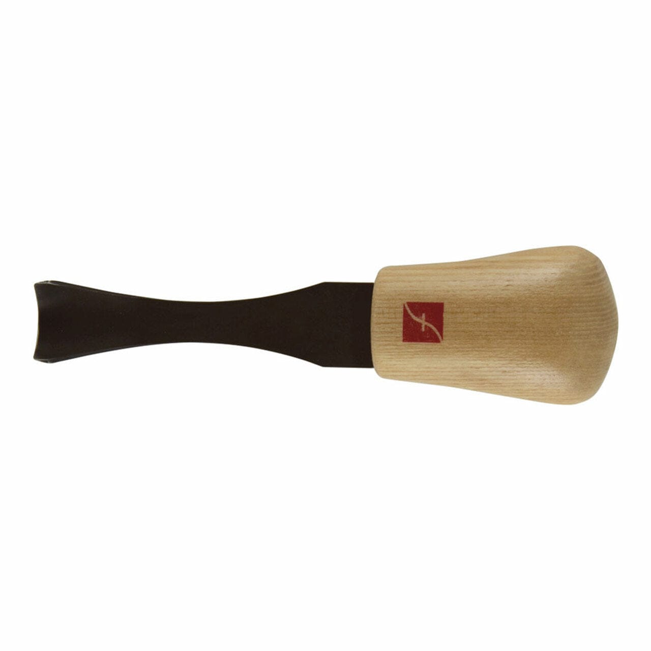 The Flexcut #8 Palm Gouges by FLE features a curved, black blade with a chisel tip and a wide, lightweight wooden handle marked by a small red square with a white logo.