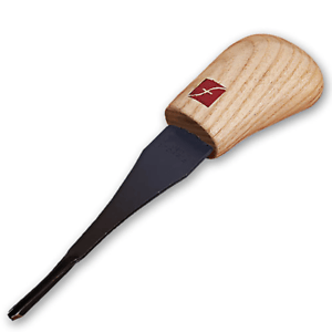 The Flexcut #11 Palm Gouges by FLE features a light wood handle with a red and white emblem and a short, curved metal blade, ideal for detailed woodwork or engraving.