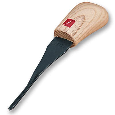 The Flexcut Palm V-Tools by FLE feature a sturdy wooden handle with a red logo and a short, thick metal blade, designed for precise carving tasks.