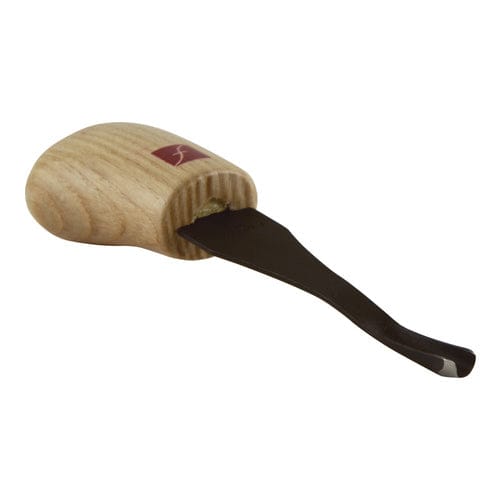 The FLE Flexcut #8 Palm Gouges features a curved black metal blade and an ergonomic wooden handle, ideal for detailed carving tasks.