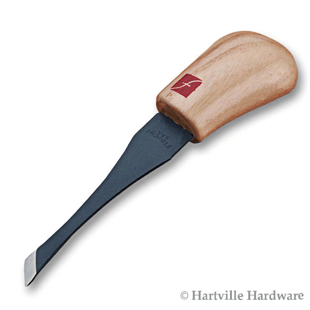 The Flexcut #2 Double Bevel Skew by FLE is a short pry bar featuring a flat, angled metal blade and an ergonomic wooden handle, ideal for detailed prying or lifting tasks.