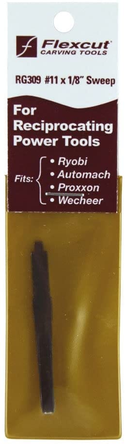 FLE Gouge Power Sweep (#11 x 1/8, high carbon steel) fits Ryobi, Automach, Proxxon & Wecheer power gouges. Shown in packaging. Perfect for detailed carving with reciprocating tools.