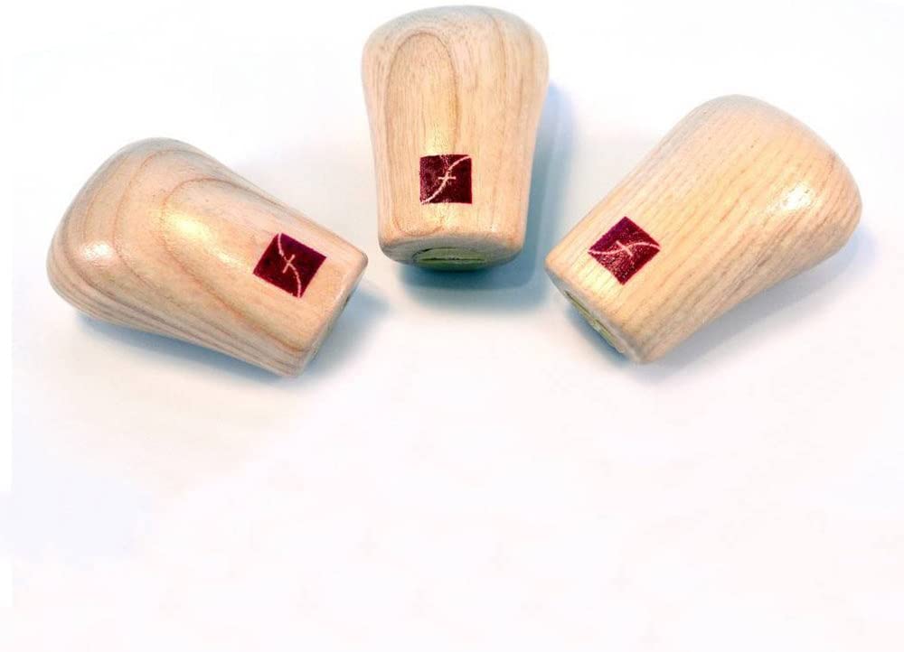 The FLE Handle Palm Quick Connect-Set Of 3 features ergonomic ash hardwood knobs with a smooth finish and small red square labels with white line designs, neatly arranged on a white surface.