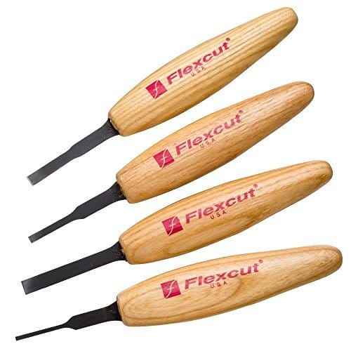 Four FLE Micro Tool Set Dogleg Chisels with light wooden handles and black metal blades are arranged diagonally on a white background, perfect for fine detail work or as micro tools.