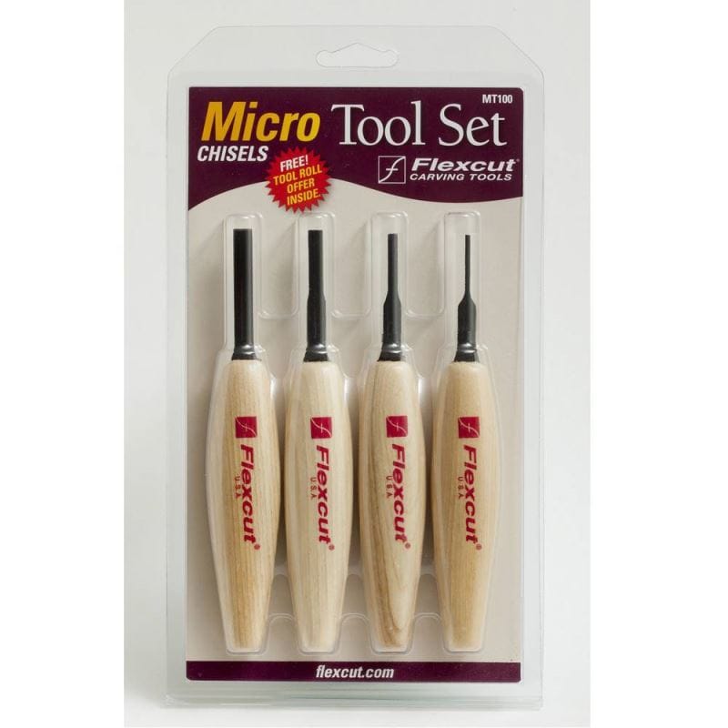 A set of four FLE Micro Tool Set Dogleg Chisels with wooden handles, perfect for woodcarving and detail work. These micro chisels are arranged vertically in a clear branded plastic case.