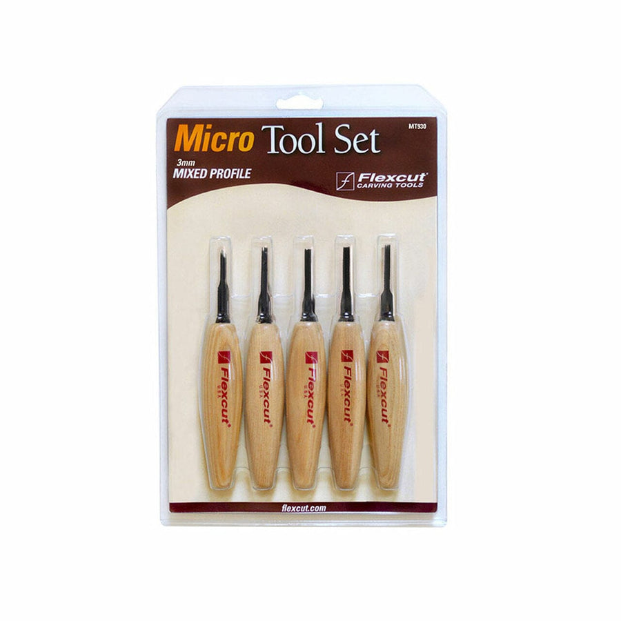 The FLE Mixed Profile 3mm Micro Tool Set includes five woodcarving tools with wooden handles and metal tips, ideal for fine detail work. The micro tools are packaged upright in clear plastic for easy viewing.