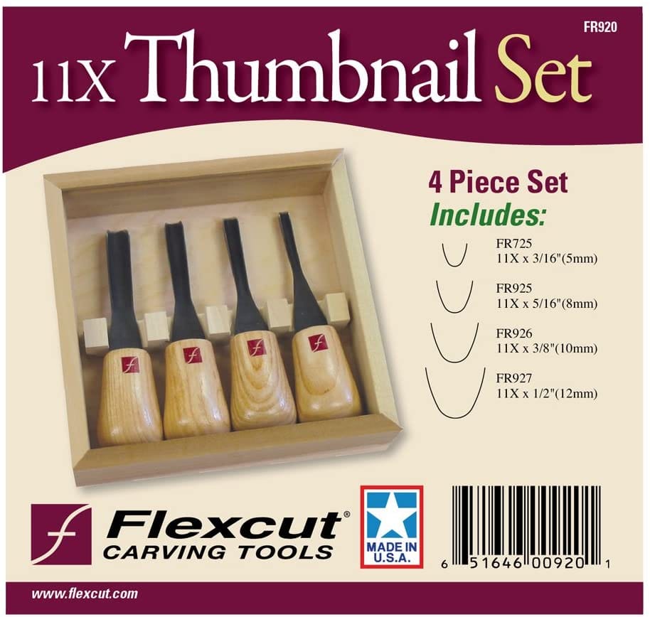 A box labeled “Set of Four Thumbnail Gouges” by FLE displays four carving tools with ergonomic handles and high carbon steel blades in a case. The text lists sizes and shows a Made in USA label.