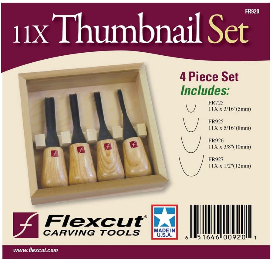 A box labeled “Set of Four Thumbnail Gouges” by FLE displays four carving tools with ergonomic handles and high carbon steel blades in a case. The text lists sizes and shows a Made in USA label.