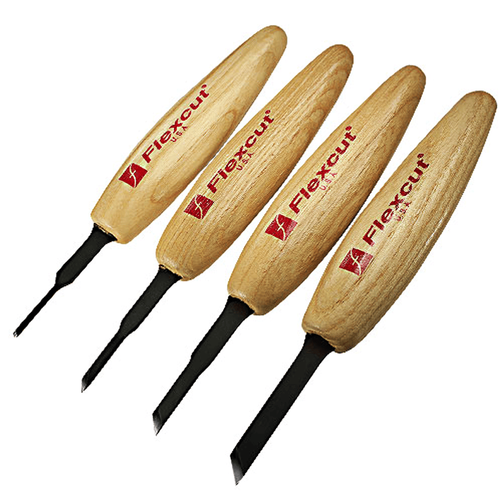 Four FLE TOOL SET MICRO SKEW woodcarving tools with light wooden handles and black blades are arranged diagonally. Each handle features a red FLE logo—perfect for precise, fine detail work on your projects.