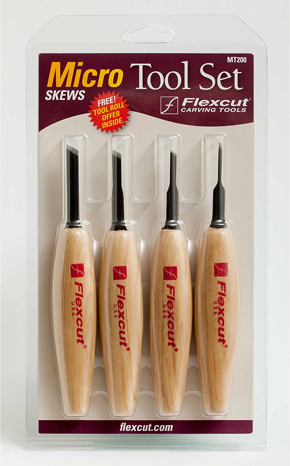 The FLE TOOL SET MICRO SKEW comes in plastic packaging with four woodcarving micro tools, wooden handles, and narrow blades, labeled MT200. Ideal for fine detail work and includes a free tool roll offer inside the package.