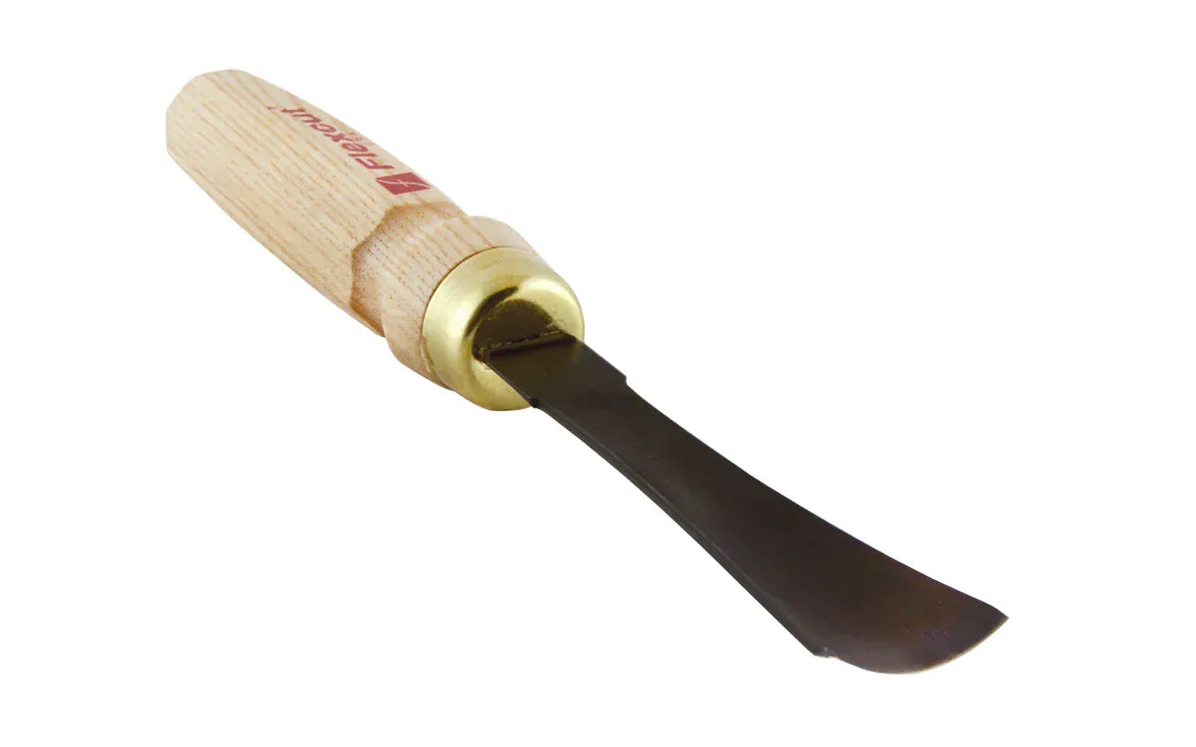 The FLE Mallet Gouge features a curved black metal blade, ash handle, and brass ferrule, shown diagonally on a white background.