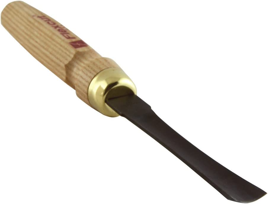 A Mallet Gouge by FLE featuring a curved metal blade, brass ferrule, and light ash handle. The FLE name on the handle highlights the handcrafted quality and precision of FLE mallet tools.