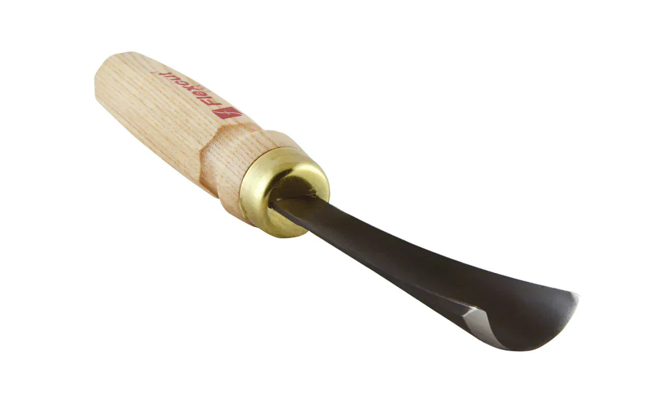 The FLE Mallet Gouge features a handcrafted Ash handle, curved metal blade, and brass ferrule—ideal for woodworking or carving. Comparable in quality and design to Flexcut mallet tools.