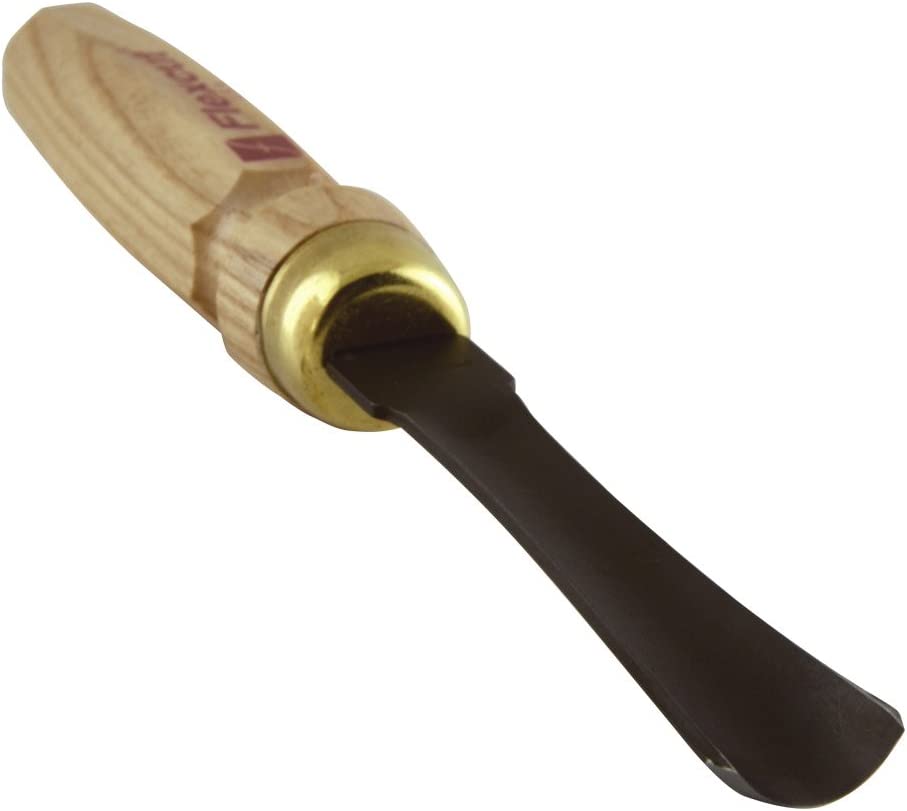 The FLE Mallet Gouge is a handcrafted wood carving chisel with a curved, dark metal blade and a light ash handle with brass ferrule, inspired by Flexcut mallet tools.