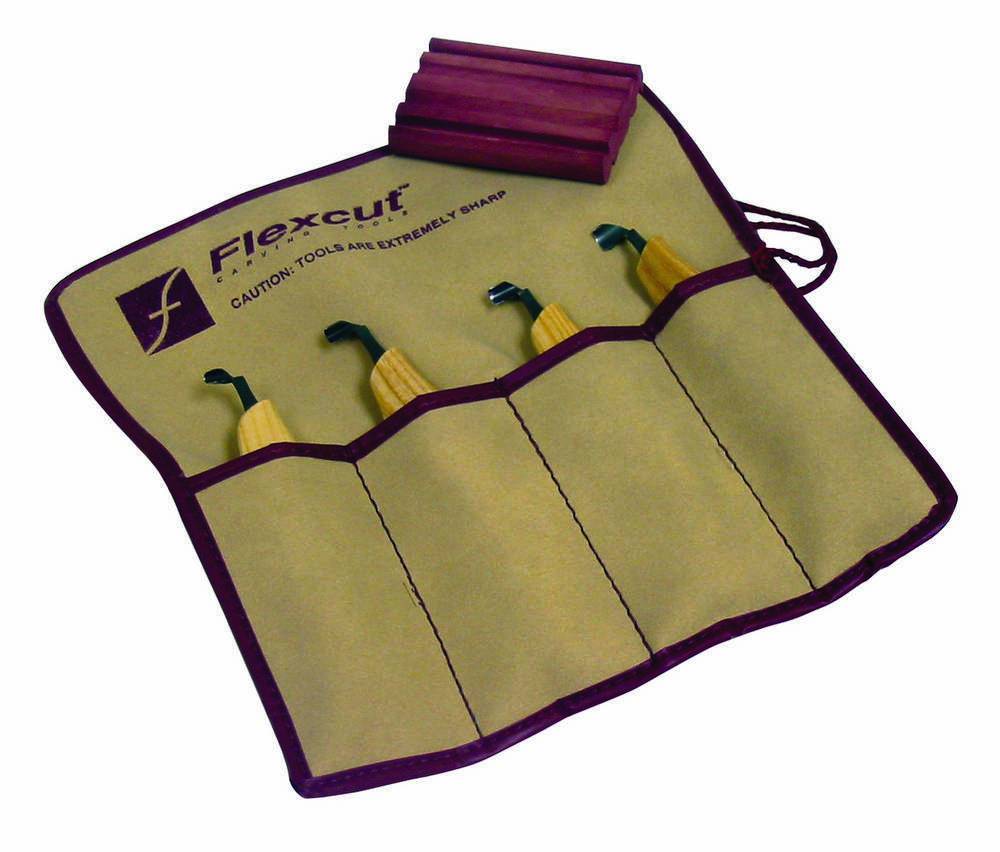 The FLE Left-Handed Scorp Set includes four wood carving tools with yellow handles in a tan Flexcut roll-up pouch, plus a red sharpener—ideal for left-handed knife carvers seeking precision tools.