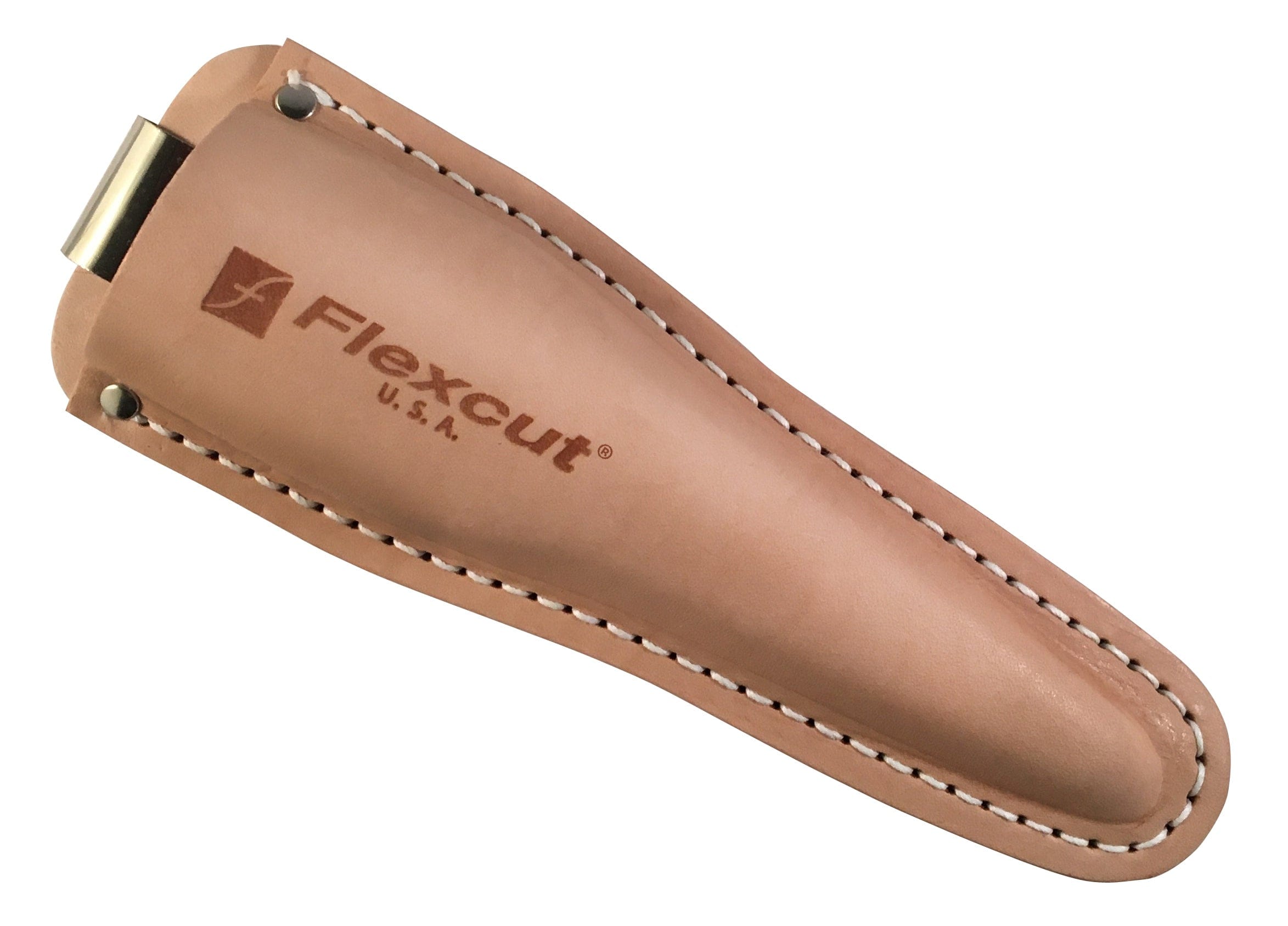 The FLE Leather Sloyd Knife Sheath is tan leather with white stitching, a brass snap, metal belt clip, blade stop for safety, and is branded FLE U.S.A.