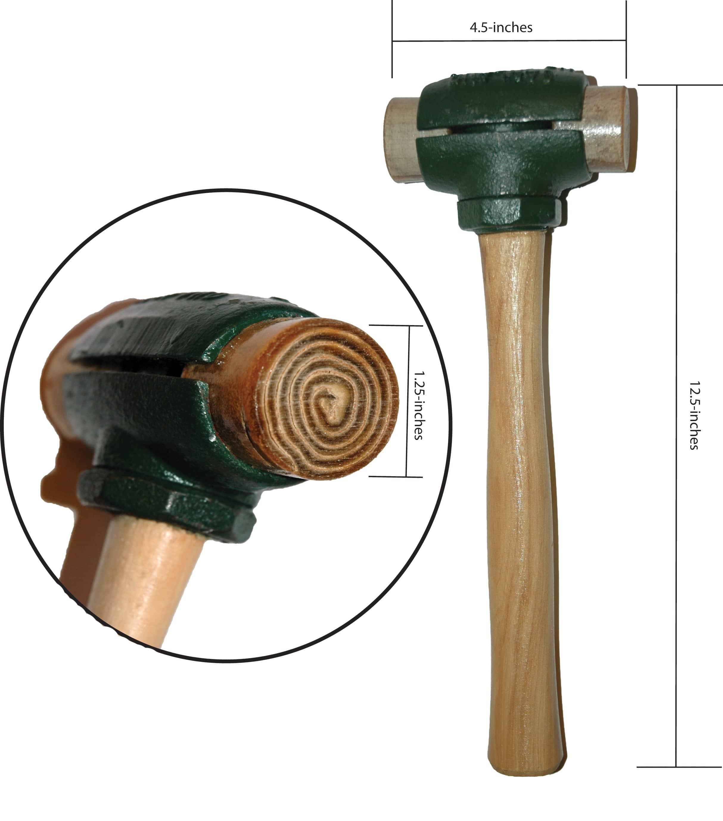 The Split Head Hammer Rawhide Face from GAM features a green, cylindrical, dual-faced head with one side showcasing a spiral pattern. Measuring 12.5 inches in length, 4.5 inches in head width, and 1.75 inches in head diameter, this wooden-handled mallet offers interchangeable heads for versatile use.
