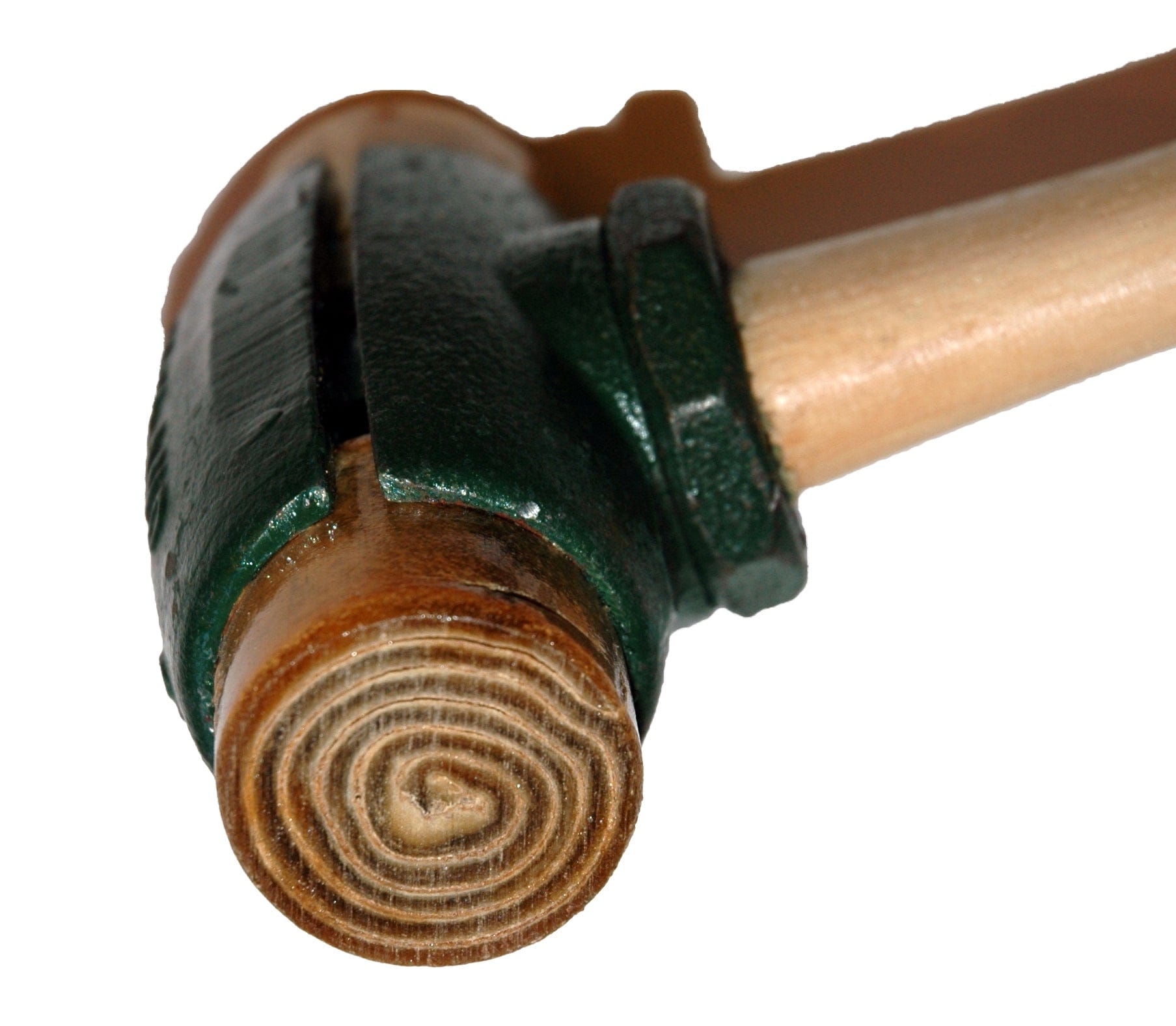Close-up of the Split Head Hammer Rawhide Face by GAM, showcasing a green metal strap securing the head to the handle.