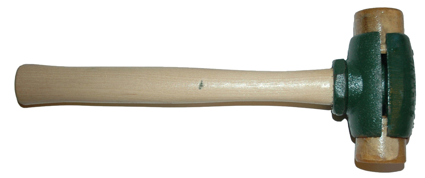A green and wooden Split Head Hammer Rawhide Face with a cylindrical head, crafted by GAM, lies horizontally on a white background.
