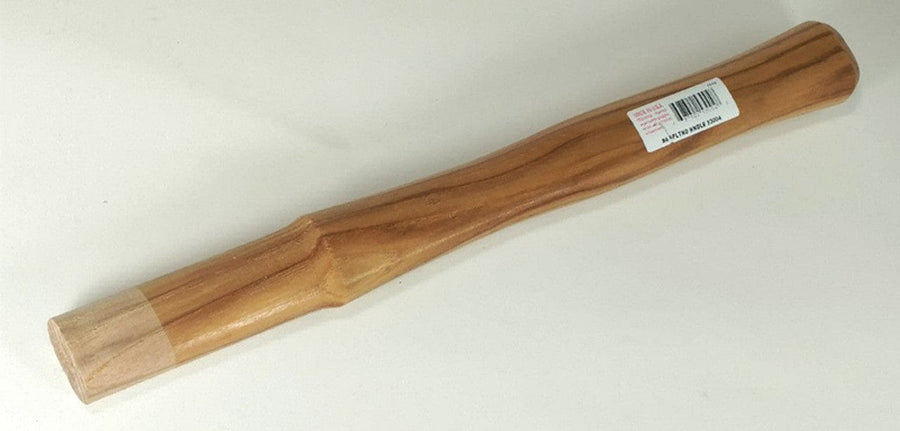A GAM Replacement Handle for Splithead Hammer—smooth, unfinished wood with a natural, slightly curved shape and a barcode sticker on one end—rests on a plain white surface.