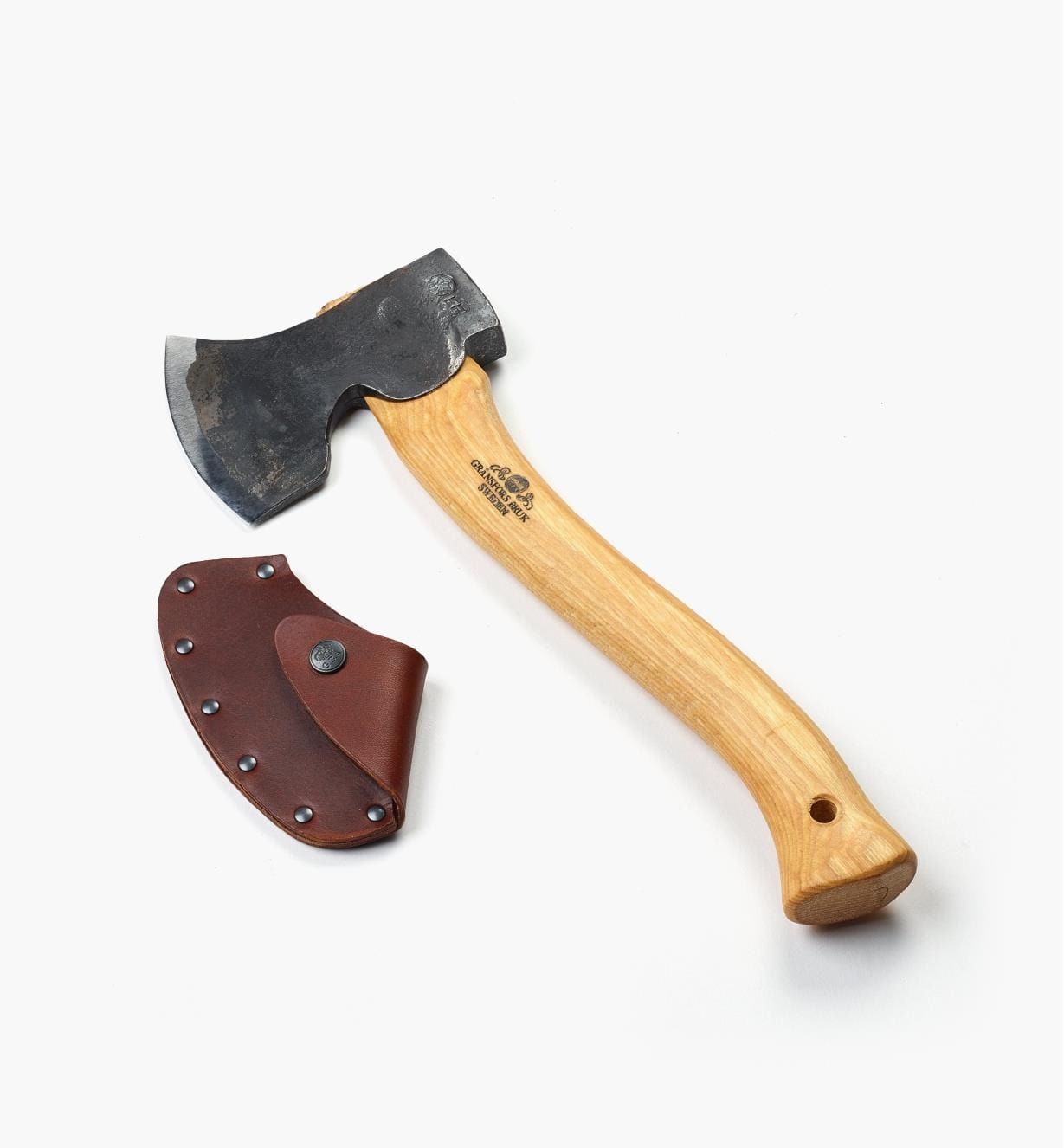 The GRF Gransfors Bruk Large Swedish Carving Axe features a wooden handle, black blade, and comes with a brown leather side cover, ideal for enthusiasts of traditional Swedish carving.