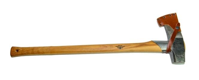 The GRF Gransfors Bruk Large Splitting Axe 442 features traditional craftsmanship with a wooden handle and metal head for efficient firewood splitting, complete with a brown leather blade sheath for protection.