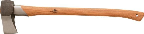 The GRF Gransfors Bruk Large Splitting Axe 442, with its wooden handle and metal head, embodies traditional craftsmanship. Ideal for splitting firewood, it blends functionality with timeless elegance against a plain backdrop.