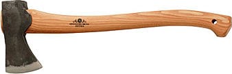 The Gransfors Small Forest Axe 420 by GRF features a wooden handle with a metal head and showcases a visible maker's mark on the handle. This hand axe comes with an elegant leather sheath to protect its impressive chopping power.