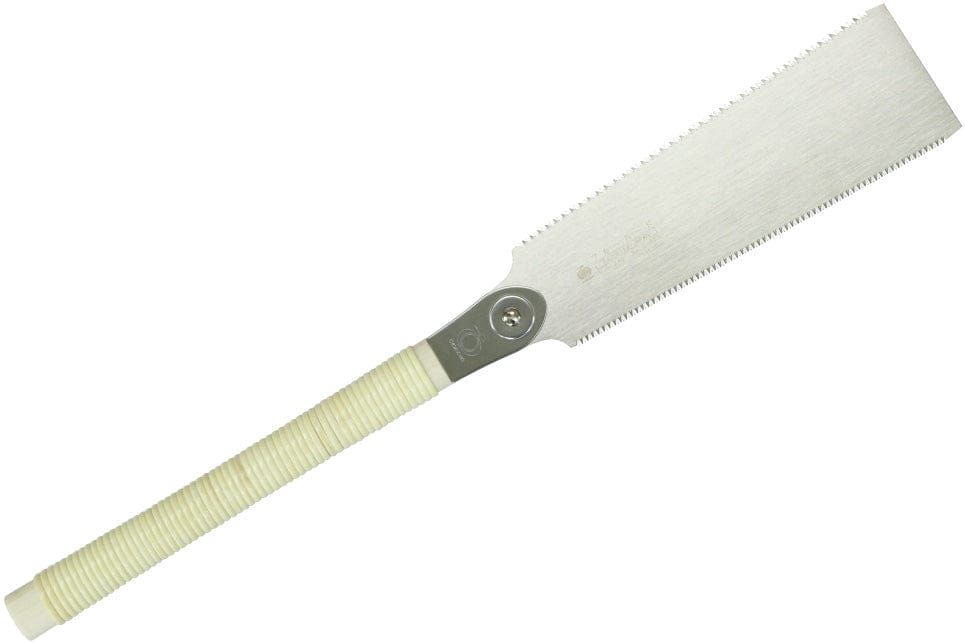 The RYOBA BLUE HARD by BBT is a Japanese double edge saw with a beige handle, featuring a long, narrow blade ideal for woodworking and fine rip cut teeth on one side.