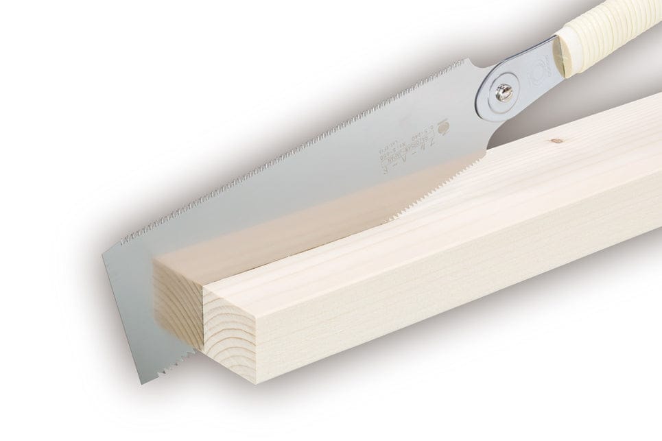 The BBT RYOBA BLUE HARD handsaw, featuring a white handle, is designed for woodworking and partially cuts through a piece of rectangular wood.