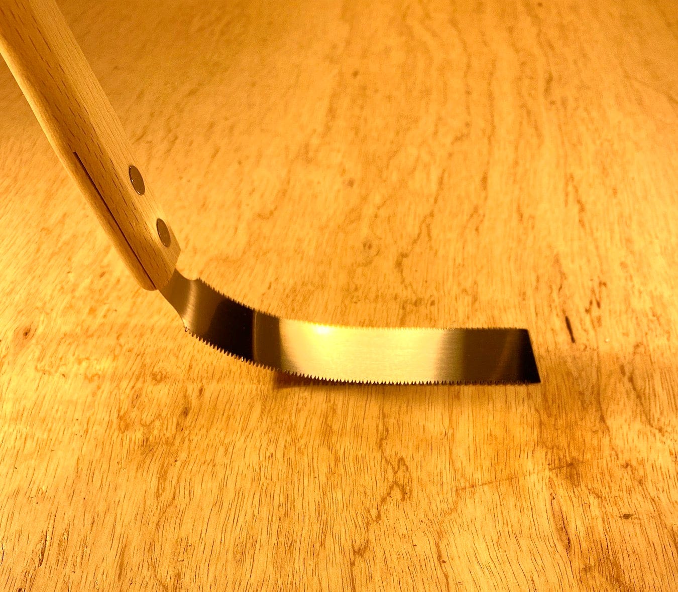 Close-up of a Gyokucho Flush Cutting Saw Double Edge by BBT, showcasing its curved blade with cross-cut teeth, designed for precise flush cuts through beech wood on a wooden surface.